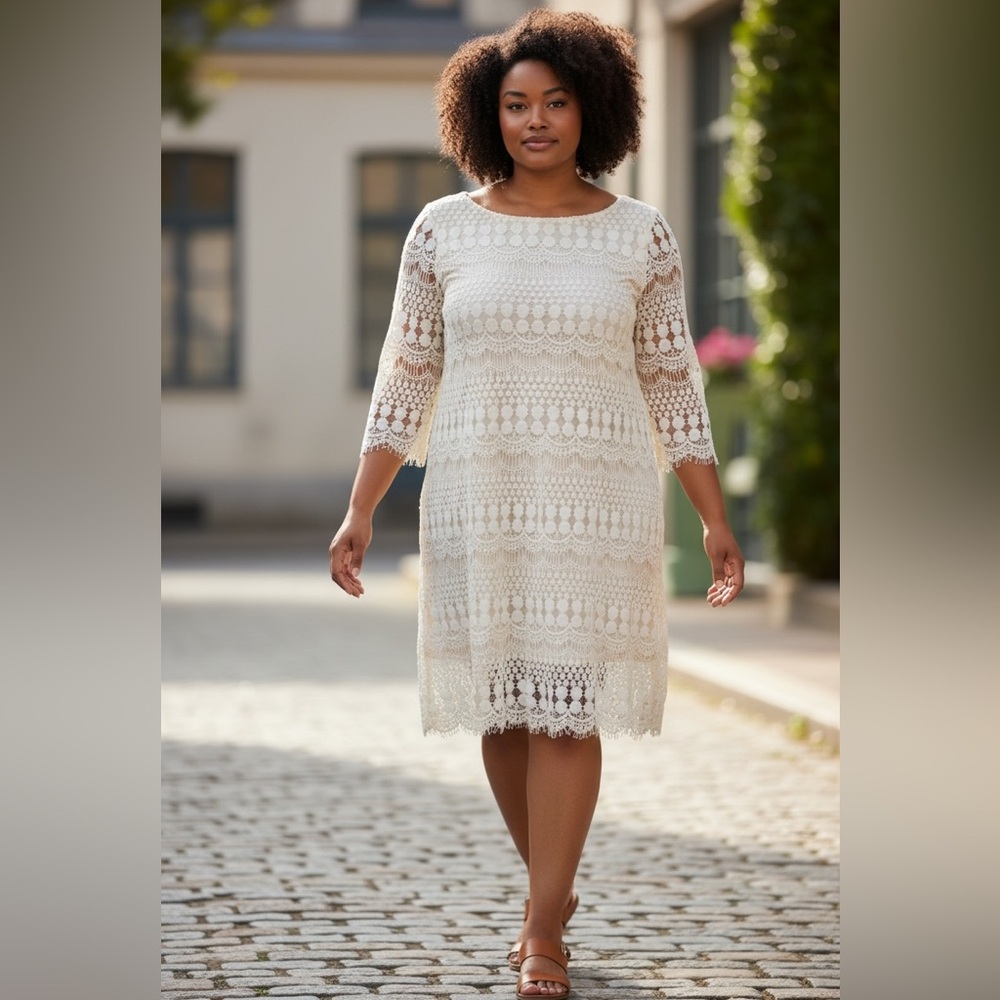 Cream Lace Midi Dress with Three-Quarter Sleeves